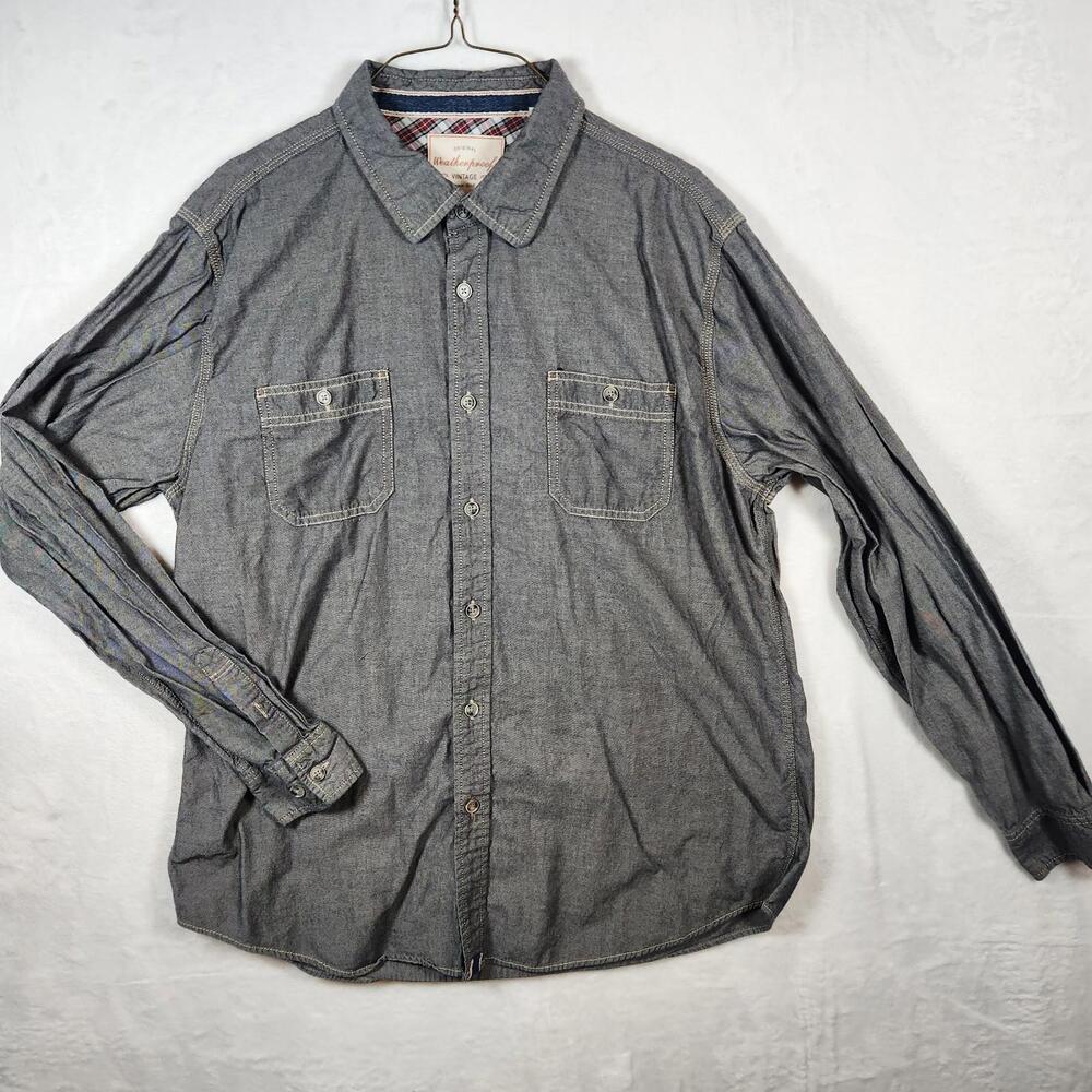 Weatherproof Vintage Grey Blue Denim Long Sleeve Button Down Shirt Size XL